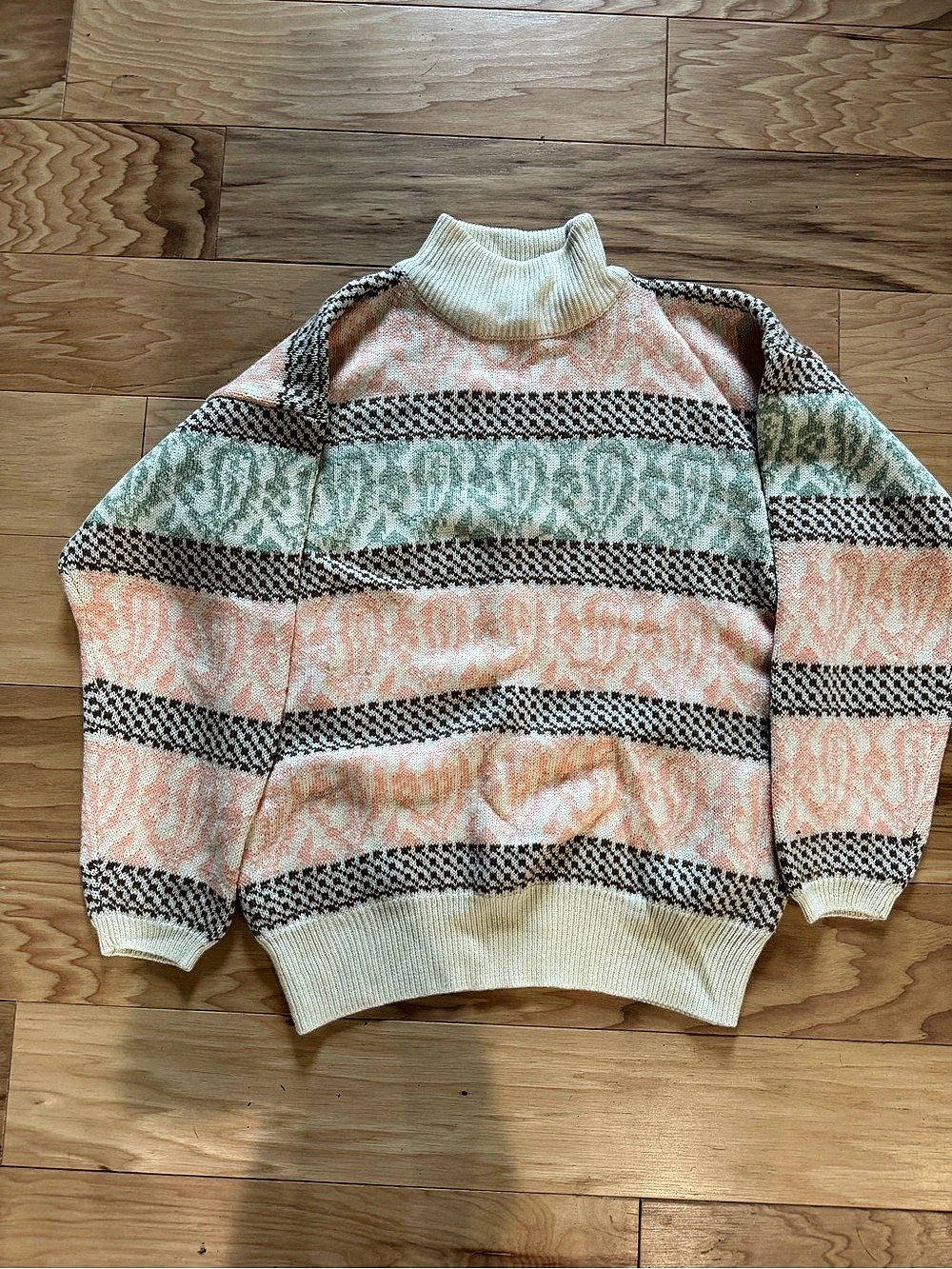 Vintage 80s Karen Scott Women’s Medium Mock Neck Geometric Sweater Pastel